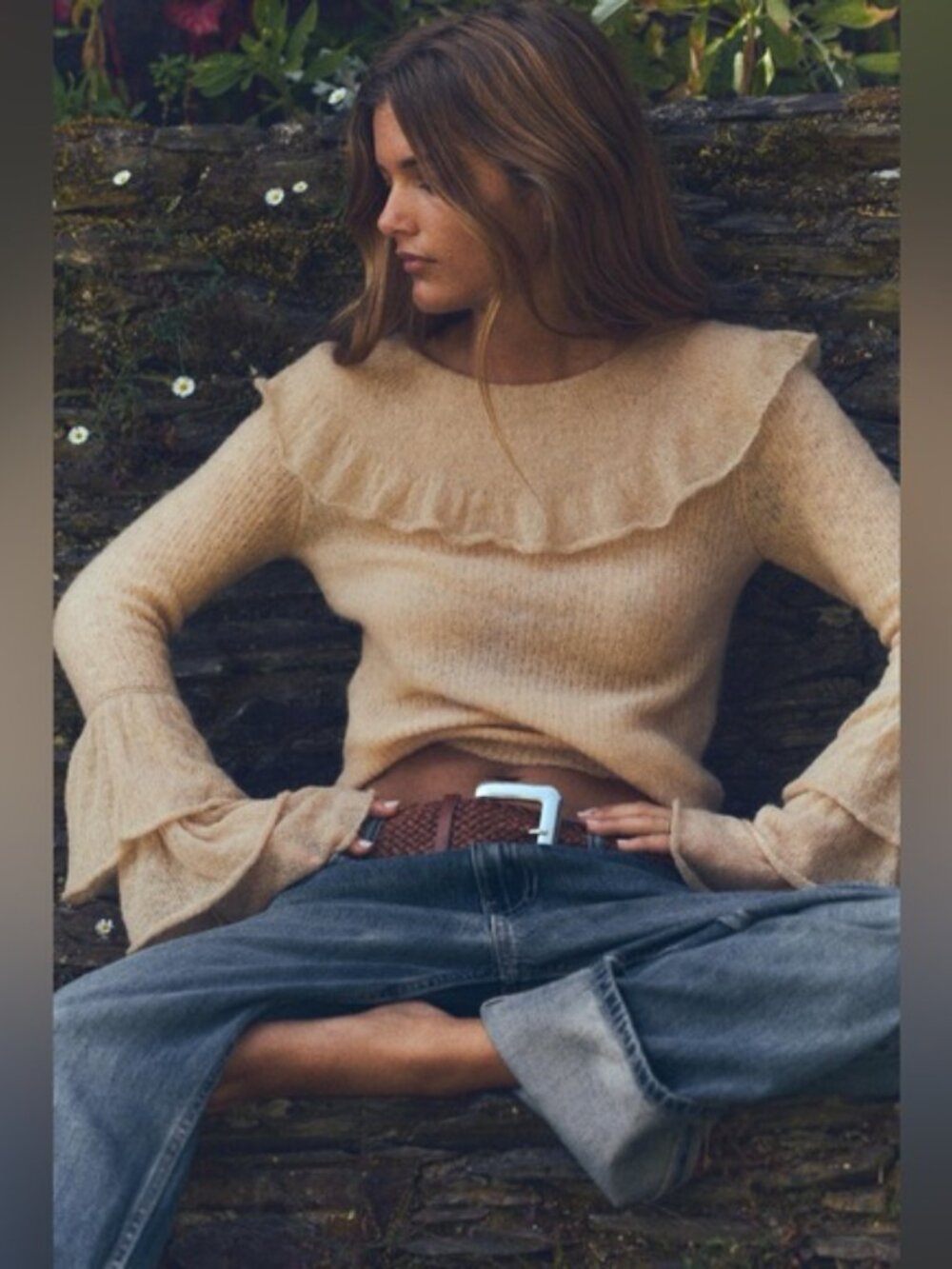 Zara Alpaca and Wool Fine Knit Sweater Large Ruffle Neck and Sleeves